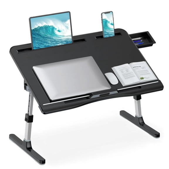 Laptop Desk for Bed, Adjustable Bed Table with Leather Desktop, Foldable X-Large Laptop Bed Trays with Drawer for Bed Couch Floor Writing Working Reading Eating Painting (Gray, 23.6"×15.7")
