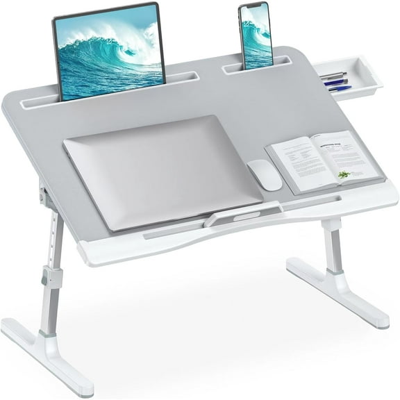 Laptop Desk for Bed, Adjustable Bed Table with Leather Desktop, Foldable X-Large Laptop Bed Trays with Drawer for Bed Couch Floor Writing Working Reading Eating Painting (Gray, 23.6"15.7")