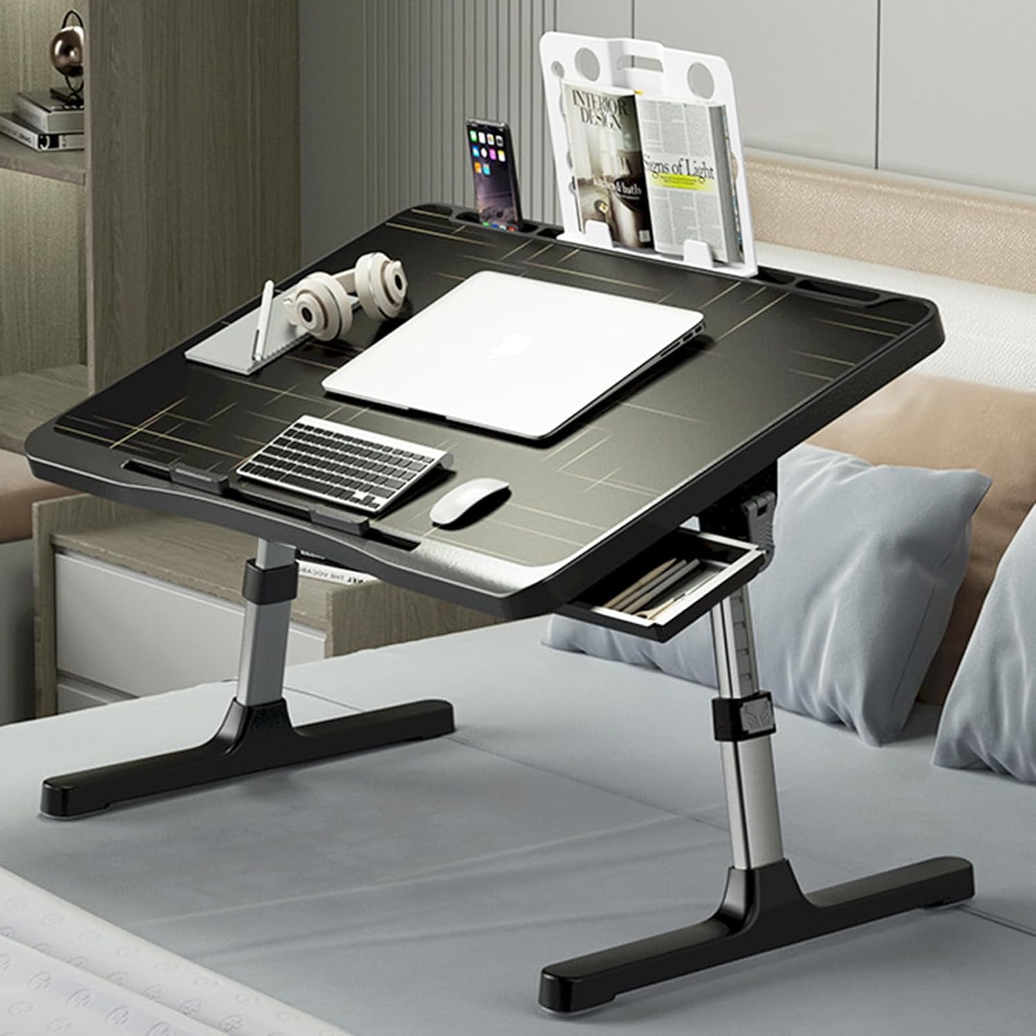 Laptop Desk for Bed, Adjustable Bed Table with USB Charge Port, Foldable Laptop Table with Storage Drawer, Portable Laptop Bed Desk Tray for Eating Working Writing Reading (Black)