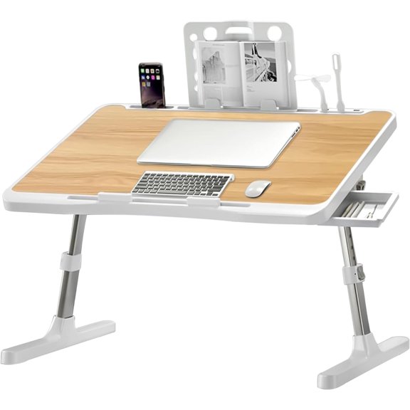 Laptop Desk for Bed, Adjustable Beds Table with USB Charge Port, Foldable Laptop Table with Storage Drawer, Portable Laptop Bed Desk Tray for Eating Working Writing Reading (Yellow)