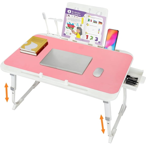 Laptop Desk for Bed, Adjustable Height Laptop Bed Table, Foldable Lap Desk with Charge Port, Desktop Card Slot, Side Drawer, Book Shelf, Portable Lap Tray for Eating Reading Working Sofa & Floor
