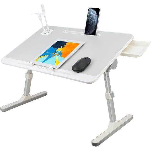 Laptop Desk for Bed, Adjustable Laptop Bed Table, Portable Lap Desk with Foldable , Bed Table with USB Light and Fan, Laptop Bed Tray Table for Sofa Eating Working Writing
