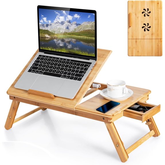 Laptop Desk for Bed, Adjustable Serving Tray Breakfast Table with Tilting Desktop, Folding Lap Tray with Removable Stopper, Cooling Holes & Small Side Drawer (), GT67948-HWCF