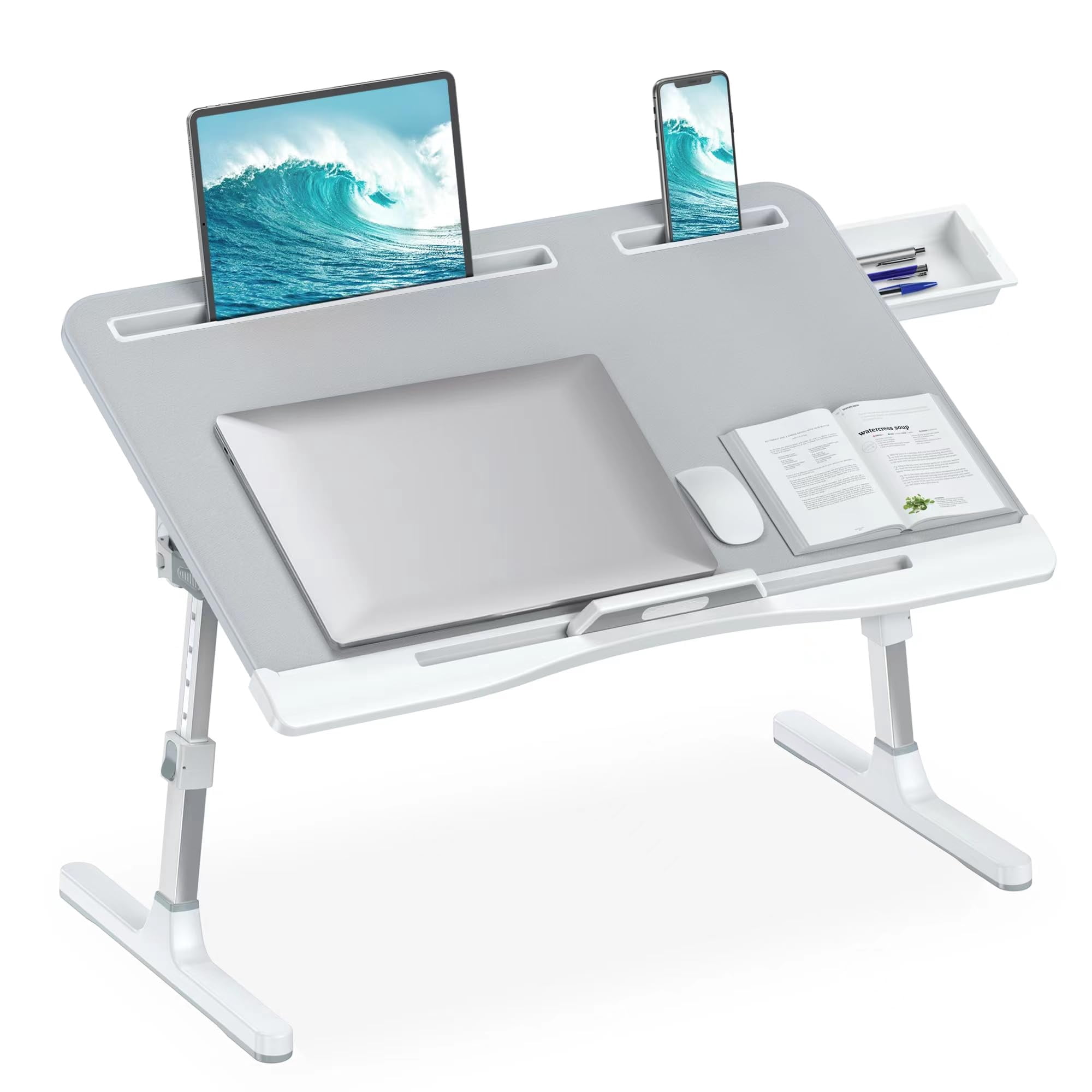 Laptop Desk For Bed  Adjustable Table With Leather Desktop Foldable X-large Trays Drawer Couch Floor Writing Working Reading Eating Painting (gray 23.6"*15.7")