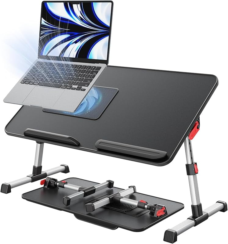 MY Laptop Desk for Bed with Cooling Fan, SAIJI Height & Angle Adjustable Laptop Stand for Bed, Lap Desk Tray Table, Lightweight Foldable Portable Computer Table for Couch Sofa Chair Floor Desk (Black