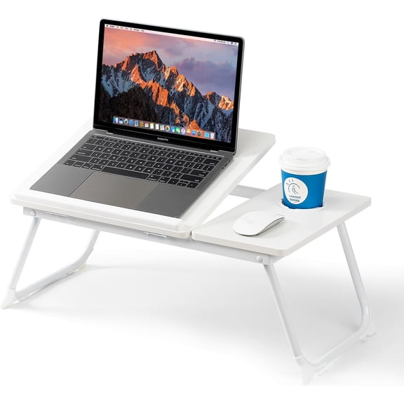 Laptop Desk for Bed Couch, Adjustable Foldable Table with Cup Holder, Breakfast Serving Tray, Portable Lap Stand Working Reading Writing Eating Gaming in Sofa Floor(White)
