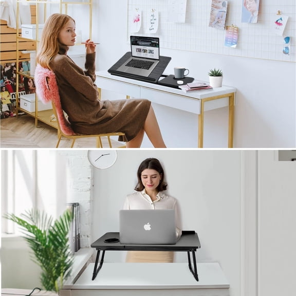 Laptop Desk for Bed Couch,Lap Desk for Laptop,Portable Laptop Stand for Desk,Small Adjustable Laptop Desk,Foldable Bed Table for Laptops and Writing, Bed Tray Table with Cup Holder(Black)