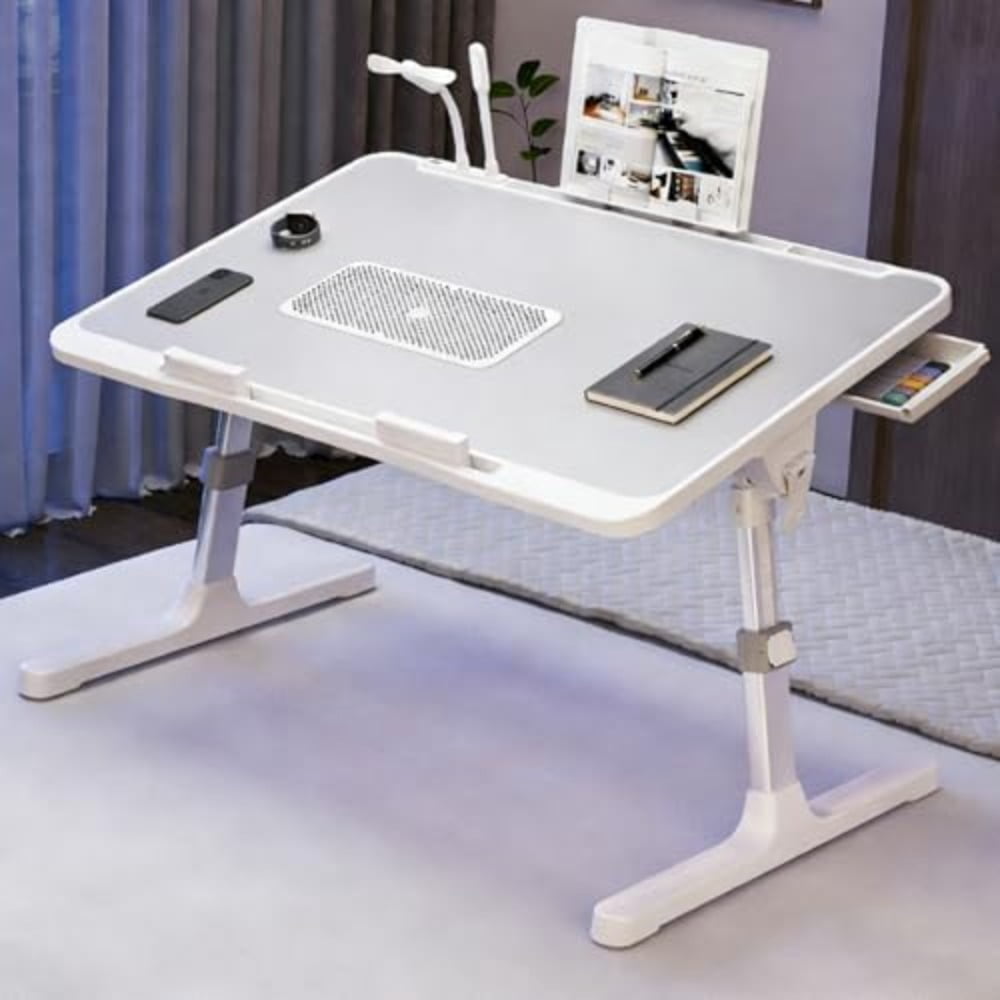 Laptop Desk for Bed Height Adjustable, Lap Bed Table with Cooling Fan/USB/Storage Drawer/Cup Holder/Tablet Stand/Book Shelf, Foldable Breakfast Tray Portable for Reading Writing, Sofa and Floor