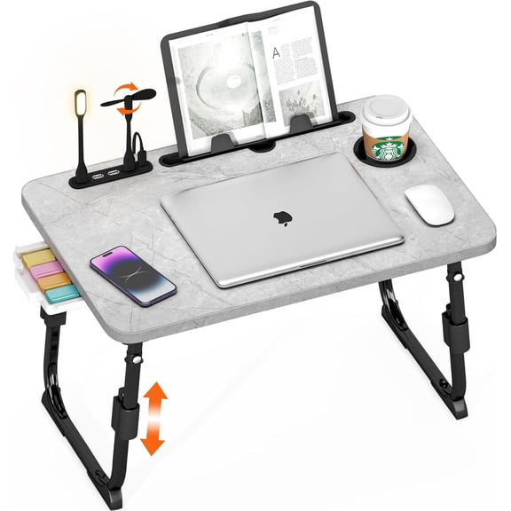 Laptop Desk for Bed Height Adjustable, Lap Bed Table with /Storage Drawer/Cup Holder/Tablet Stand/Book Shelf, Foldable Breakfast Tray Portable for Reading Writing, Sofa & Floor, Light Stone Texture