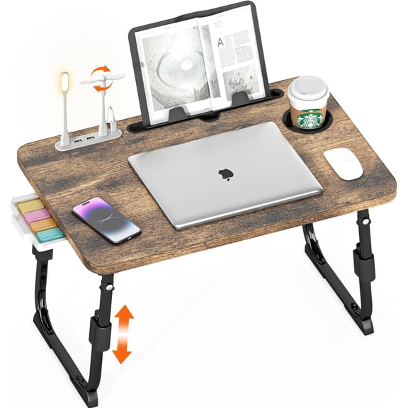 Laptop Desk for Bed Height Adjustable, Lap Bed Table with /Storage Drawer/Cup Holder/Tablet Stand/Book Shelf, Foldable Breakfast Tray Portable for Reading Writing, Sofa & Floor, Carbonized