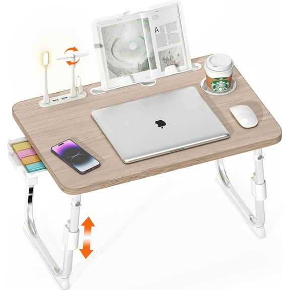 Laptop Desk for Bed Height Adjustable, Lap Bed Table with USB/Storage Drawer/Cup Holder/Tablet Stand/Book Shelf, Foldable Breakfast Tray Portable for Reading Writing, Sofa & Floor, Glacier