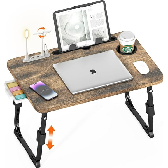 Laptop Desk for Bed Height Adjustable, Lap Bed Table with USB/Storage Drawer/Cup Holder/Tablet Stand/Book Shelf, Foldable Breakfast Tray Portable for Reading Writing, Sofa & Floor, Carbonized