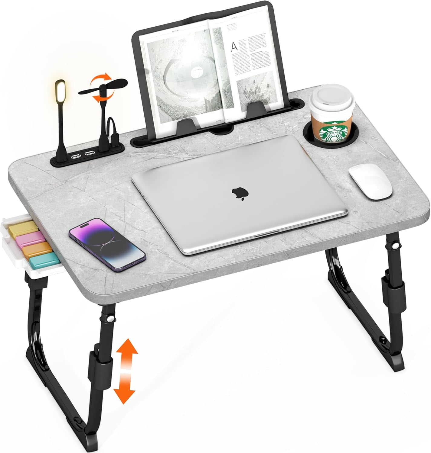 Laptop Desk for Bed Height Adjustable, Lap Bed Table with USB/Storage Drawer/Cup Holder/Tablet Stand/Book Shelf, Foldable Breakfast Tray Portable for Reading Writing,Sofa & Floor, Light Stone Texture