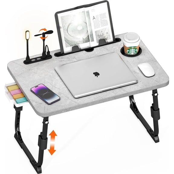 Laptop Desk for Bed Height Adjustable, Lap Bed Table with USB/Storage Drawer/Cup Holder/Tablet Stand/Book Shelf, Foldable Breakfast Tray Portable for Reading Writing,Sofa & Floor, Light Stone Texture