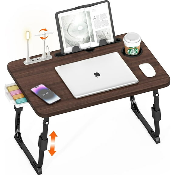 Laptop Desk for Bed Height Adjustable, Lap Bed Table with USB/Storage Drawer/Cup Holder/Tablet Stand/Book Shelf, Foldable Breakfast Tray Portable for Reading Writing, Sofa & Floor
