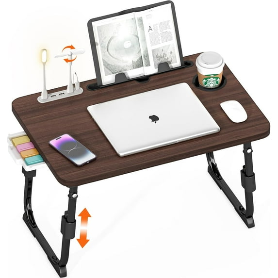 Laptop Desk for Bed Height Adjustable, Lap Bed Table with USB/Storage Drawer/Cup Holder/Tablet Stand/Book Shelf, Foldable Breakfast Tray Portable for Reading Writing, Sofa & Floor