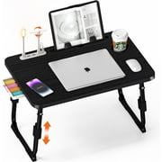 Laptop Desk for Bed Height Adjustable, Lap Bed Table with USB/Storage Drawer/Cup Holder/Tablet Stand/Book Shelf, Foldable Breakfast Tray Portable for Reading Writing, Bed, Sofa & Floor, Black