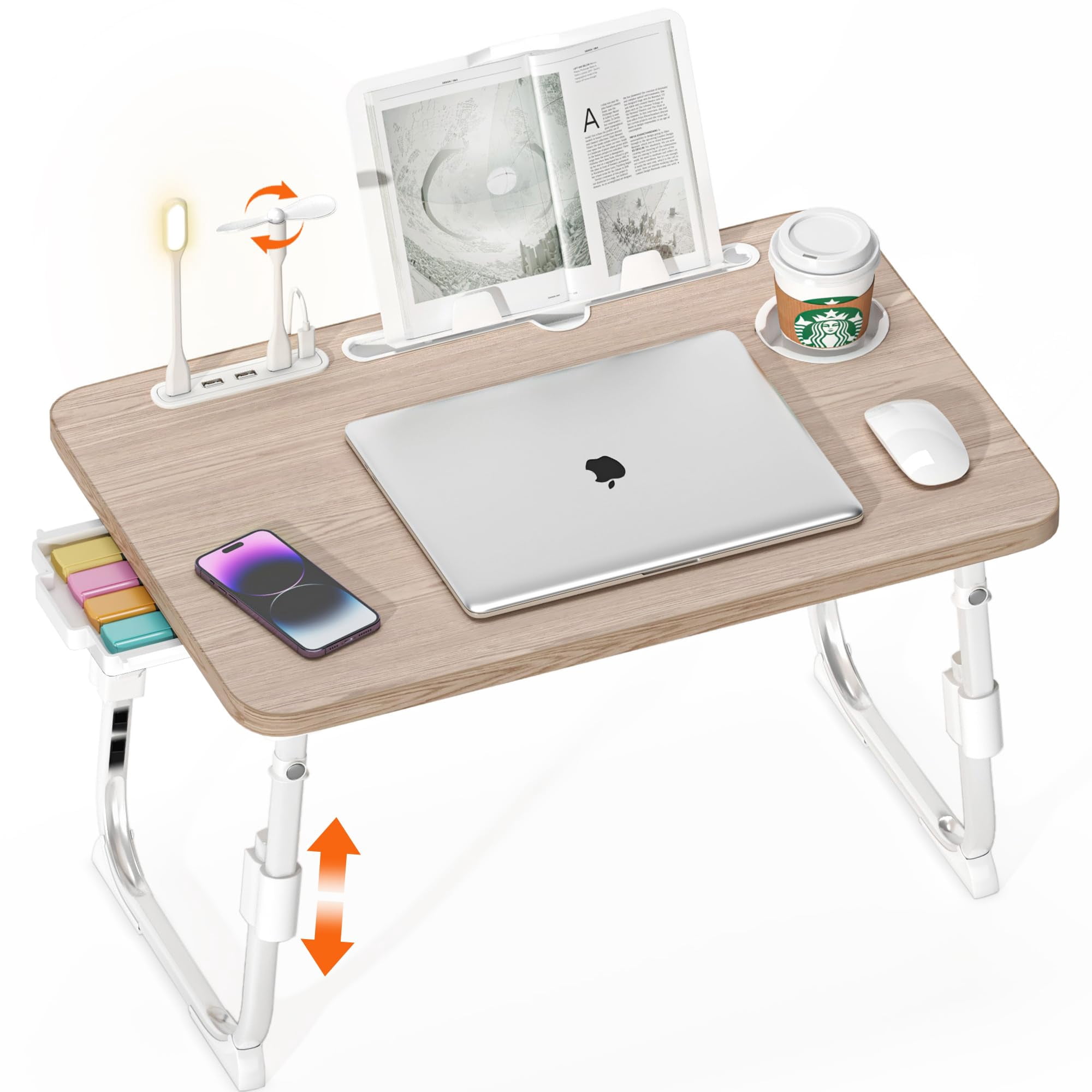 Laptop Desk For Bed Height Adjustable  Lap Table With Usb/storage Drawer/cup Holder/tablet Stand/book Shelf Foldable Breakfast Tray Portable Reading Writing Sofa & Floor Glacier