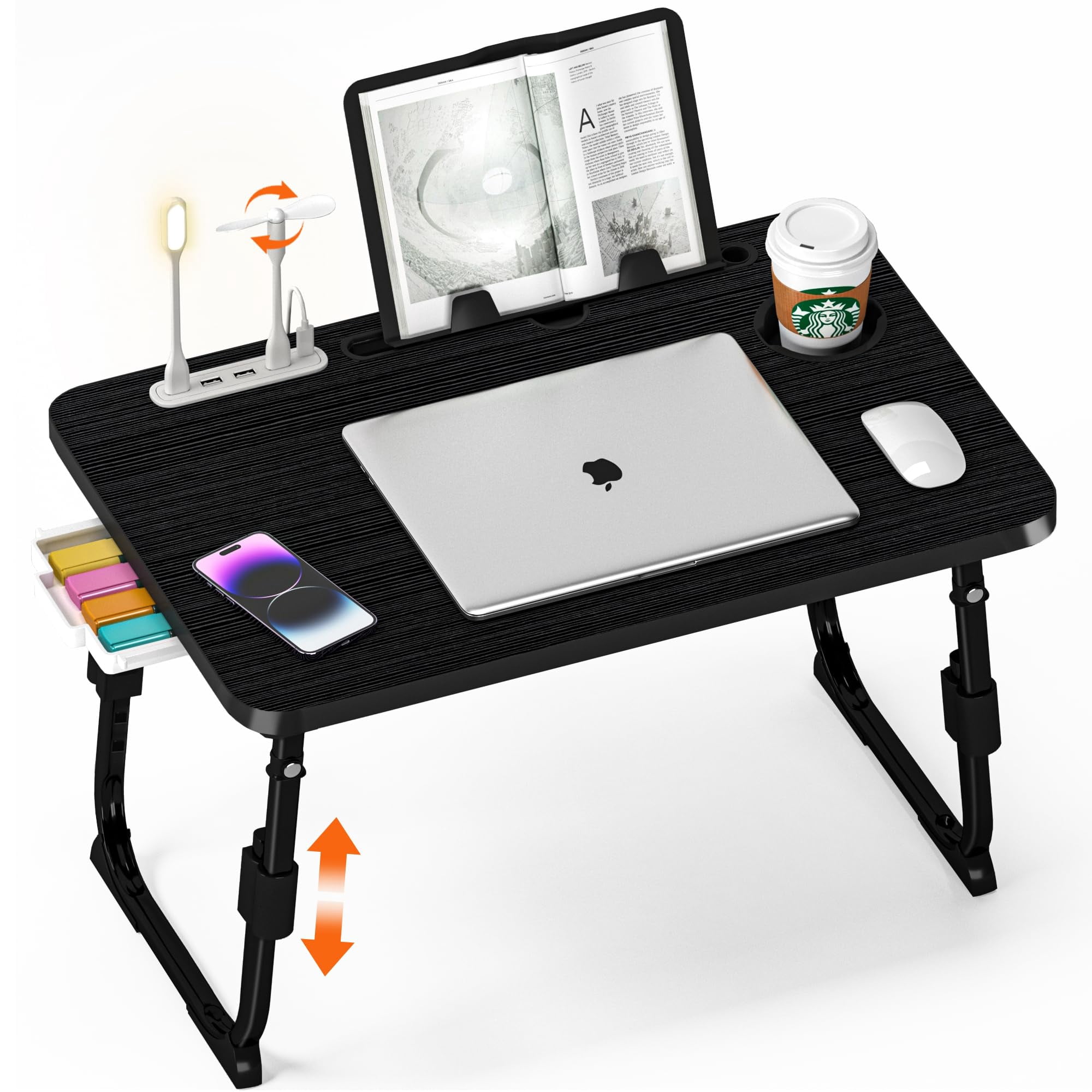 Laptop Desk For Bed Height Adjustable  Lap Table With Usb/storage Drawer/cup Holder/tablet Stand/book Shelf Foldable Breakfast Tray Portable Reading Writing Sofa & Floor Black