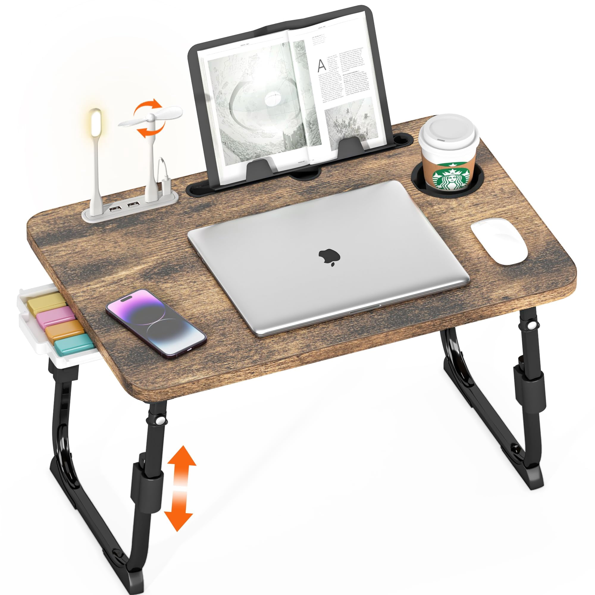 Laptop Desk For Bed Height Adjustable  Lap Table With Usb/storage Drawer/cup Holder/tablet Stand/book Shelf Foldable Breakfast Tray Portable Reading Writing Sofa & Floor Carbonized