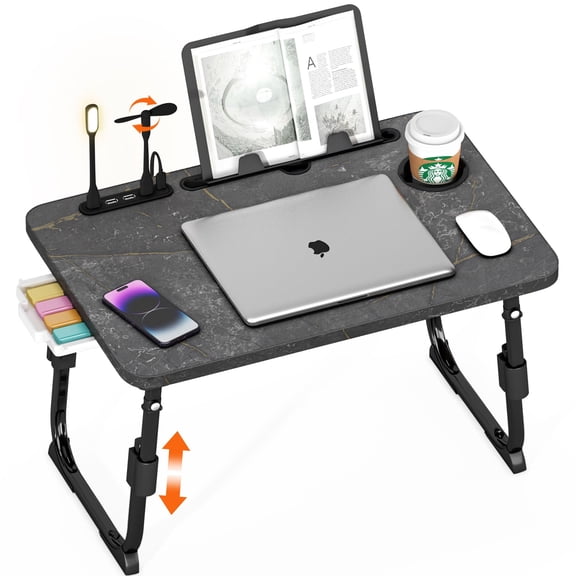 Laptop Desk For Bed Height Adjustable Lap Table With Usb/storage Drawer/cup Holder/tablet Stand/book Shelf Foldable Breakfast Tray Portable Reading Writing Sofa & Floor Deep Stone Texture