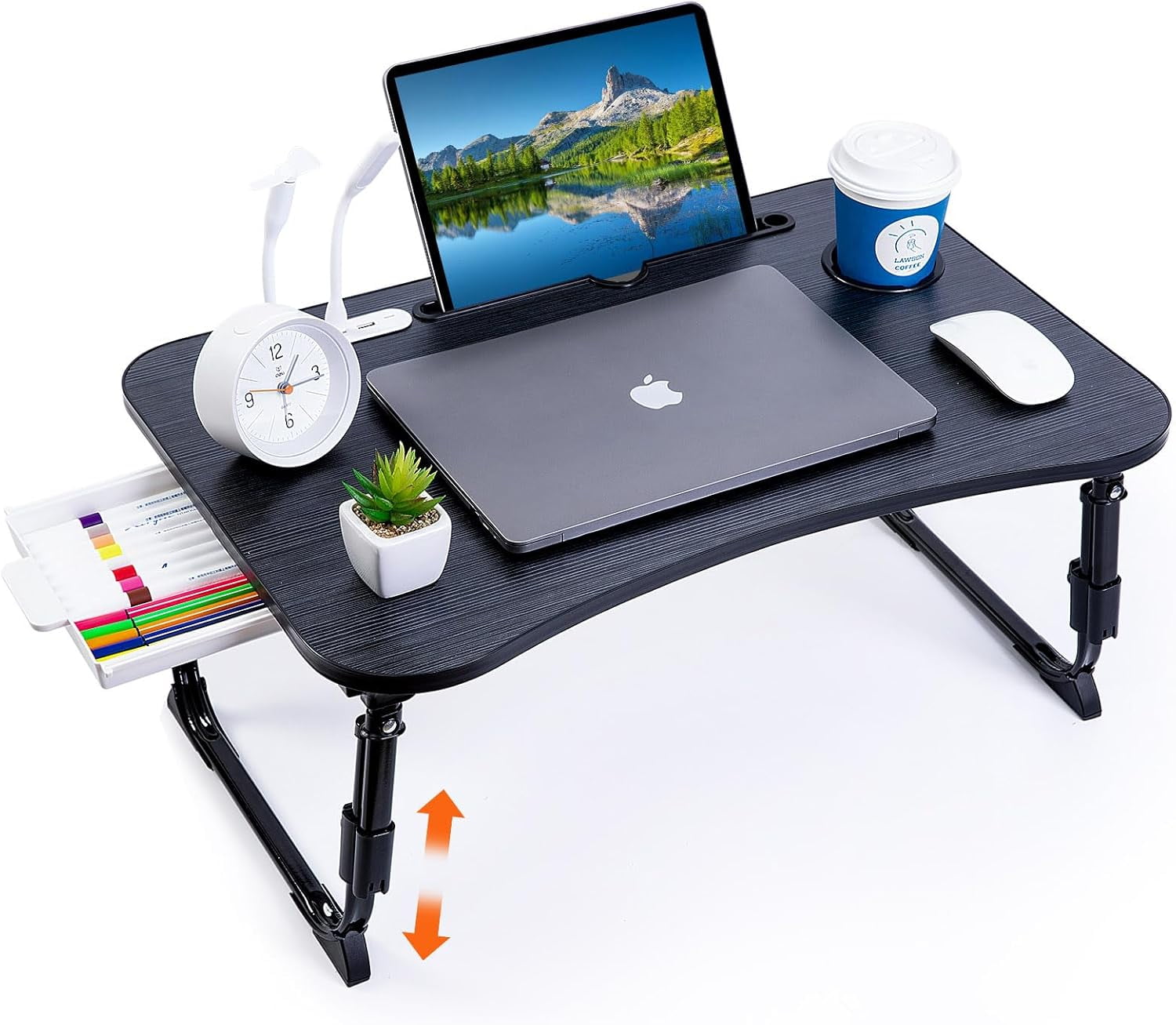 Laptop Desk for Bed, Height Adjustable Laptop Bed Table, Foldable Portable Lap Desk Stand with USB/Storage Drawer/Cup Holder/Slot, Breakfast Tray for Working Reading Writing Eating
