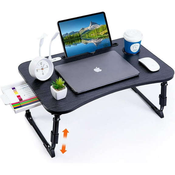 Laptop Desk for Bed, Height Adjustable Laptop Bed Table, Foldable Portable Lap Desk Stand with USB/Storage Drawer/Cup Holder/Slot, Breakfast Tray for Working Reading Writing Eating