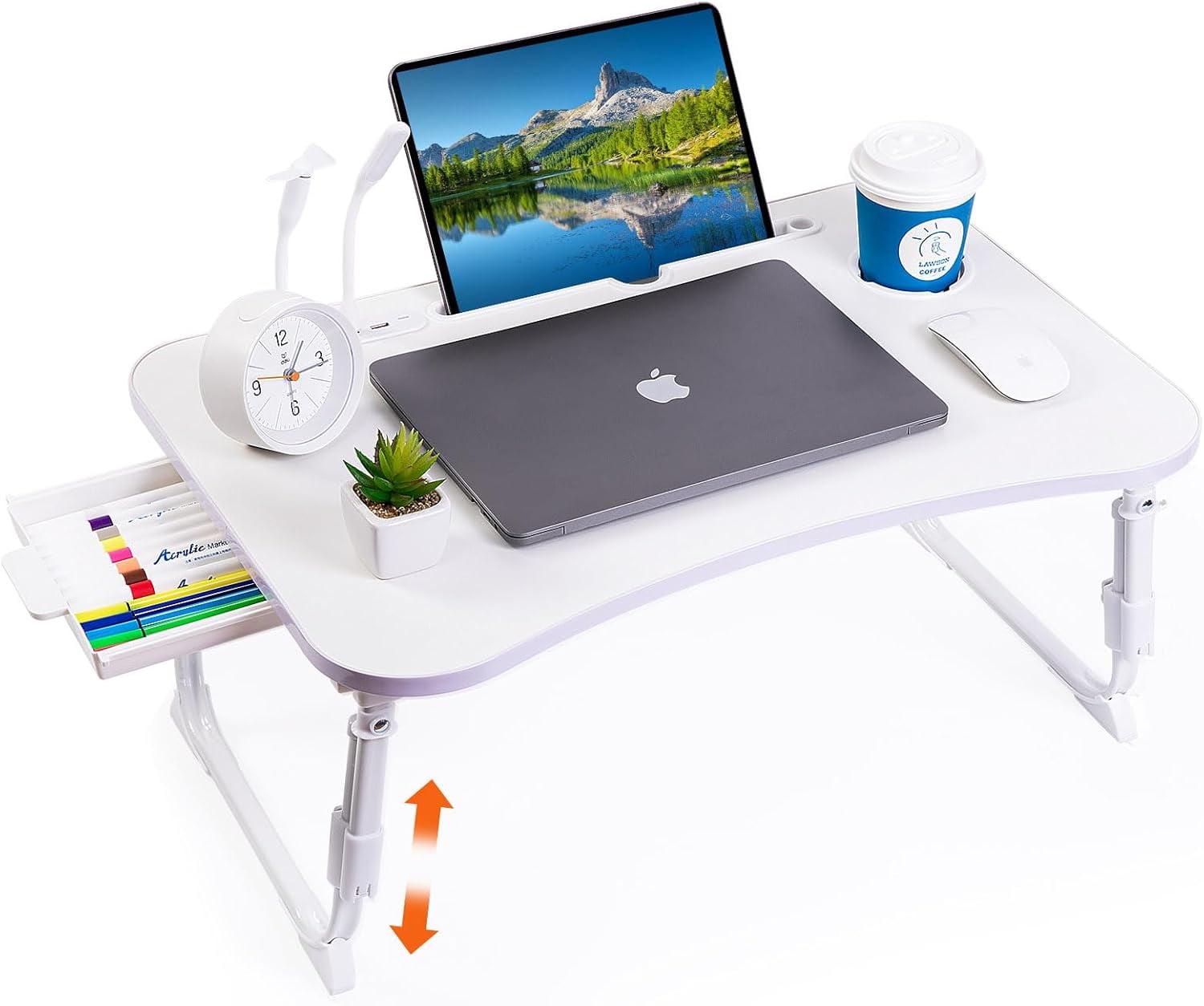 Laptop Desk for Bed, Height Adjustable Laptop Bed Table, Foldable Portable Lap Desk Stand with USB/Storage Drawer/Cup Holder/Slot, Breakfast Tray for Working Reading Writing Eating, White