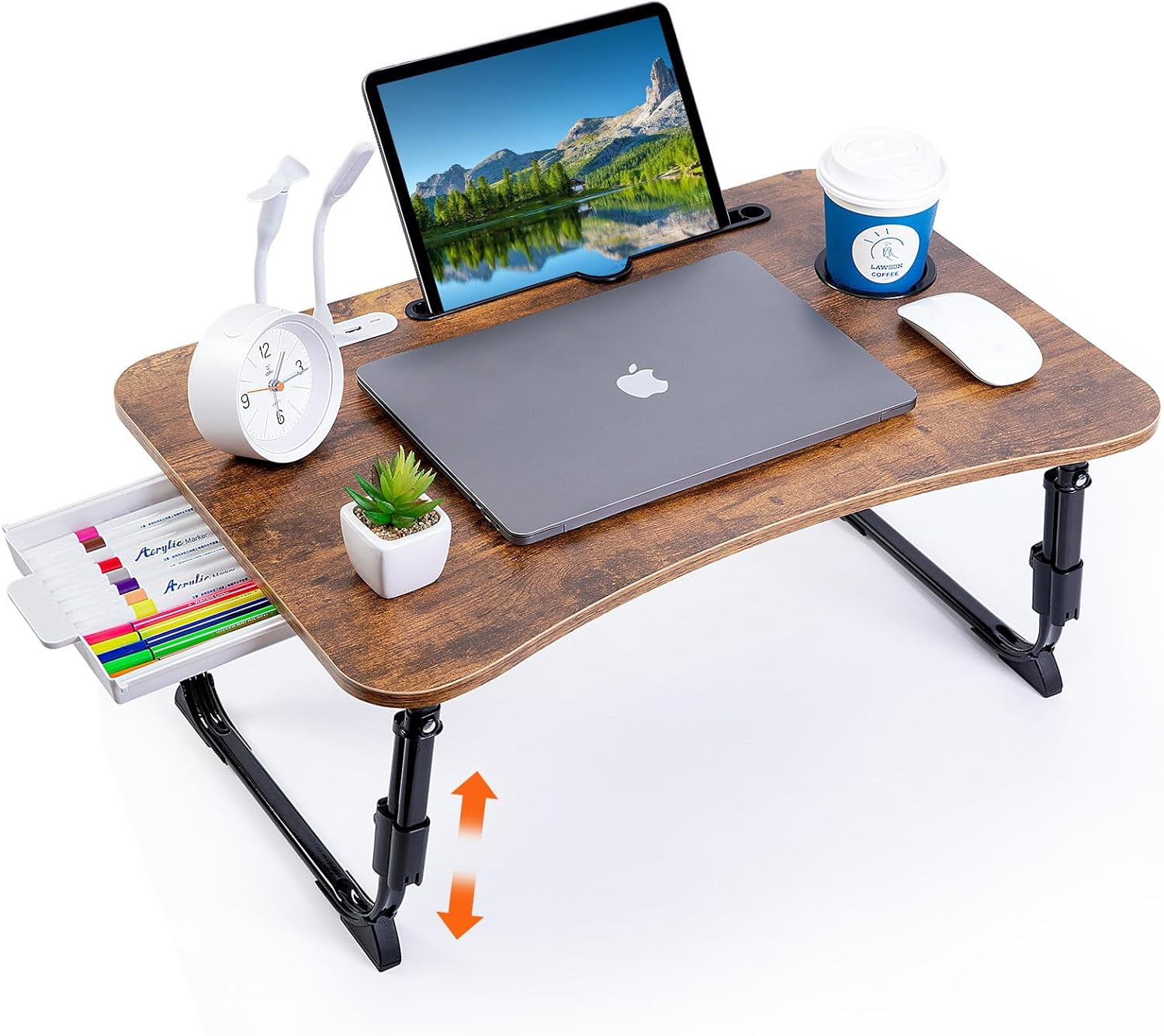 Laptop Desk for Bed, Height Adjustable Laptop Bed Table, Foldable Portable Lap Desk Stand with USB/Storage Drawer/Cup Holder/Slot, Breakfast Tray for Working Reading Writing Eating