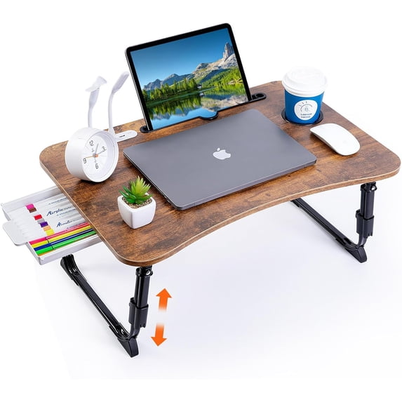 Laptop Desk for Bed, Height Adjustable Laptop Bed Table, Foldable Portable Lap Desk Stand with USB/Storage Drawer/Cup Holder/Slot, Breakfast Tray for Working Reading Writing Eating