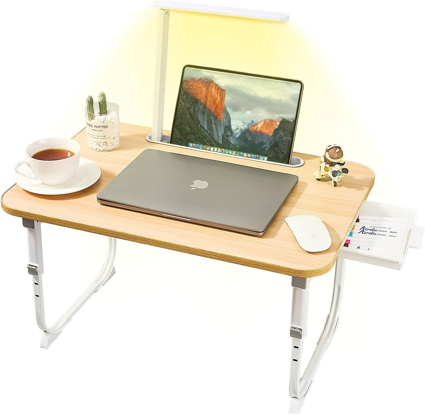 Laptop Desk for Bed LapDesk with LED Desk Light, Adjustable Tablet Bed Table with Foldable Legs Storage Drawer, Breakfast Serving Tray Folding Laptop Stand Reading Holder for Sofa Couch Floor(Walnut)