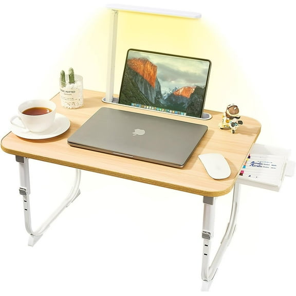 Laptop Desk for Bed LapDesk with LED Desk Light, Adjustable Tablet Bed Table with Foldable Legs Storage Drawer, Breakfast Serving Tray Folding Laptop Stand Reading Holder for Sofa Couch Floor(Walnut)