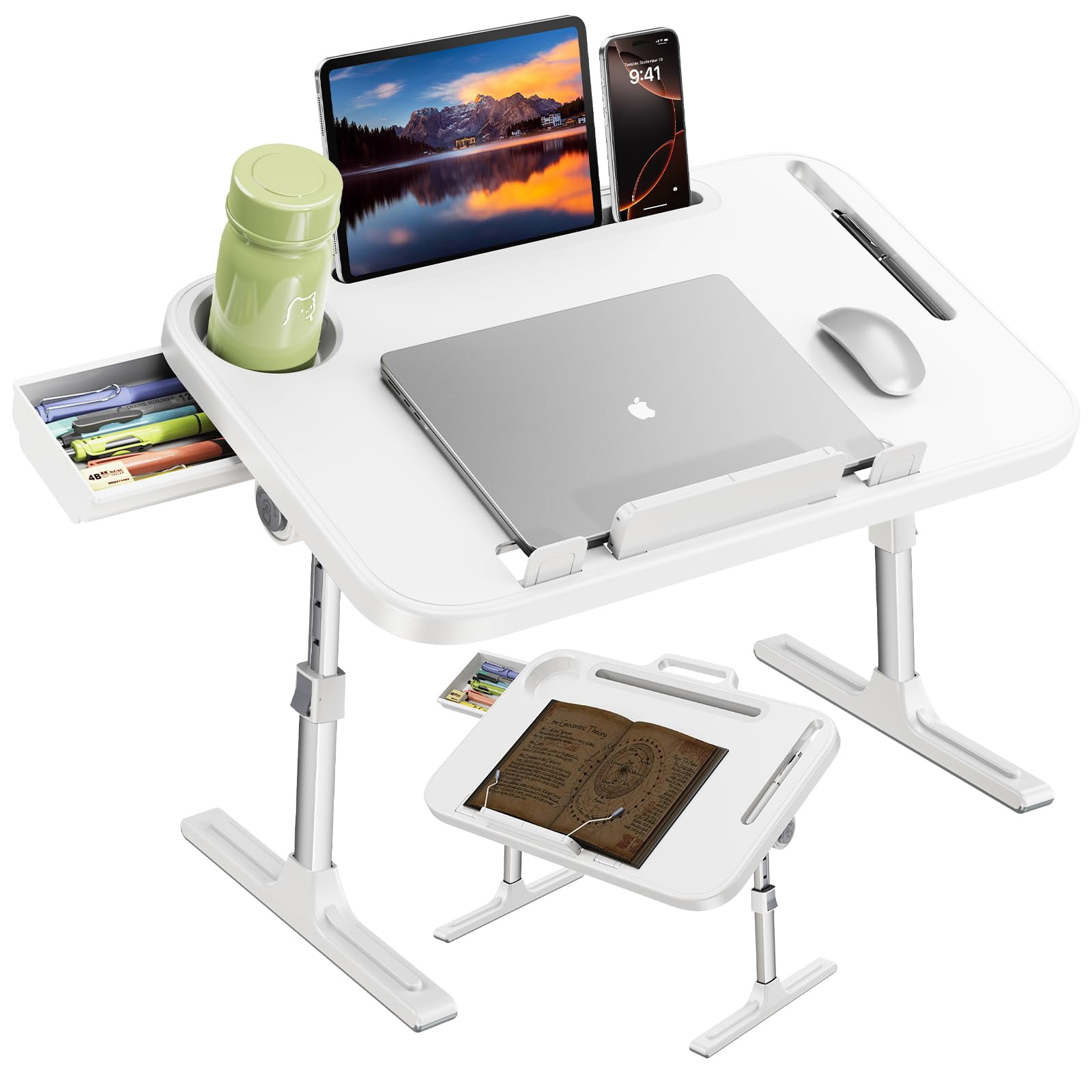 Laptop Desk Bed Table Adjustable Lap Tray Portable Folding Couch With Bookstand & Storage Drawer Car Rear Seat Sofa Floor Stand For Adult Reading Writing Eating