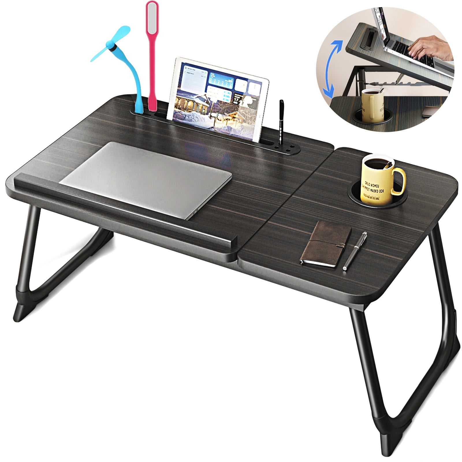 PHANCIR Foldable Lap Desk, 23.6 Inch Portable Wood Laptop Desk Table  Workspace Organizer Bed Tray with iPad Slots, Cup Holder and Drawer,  Anit-Slip