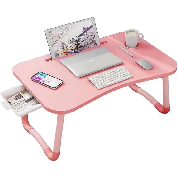 Laptop Desk Foldable Bed Table, Portable Lap Tray Table with Storage Drawer and Cup Holder, TraysTables Notebook Stand Reading Desks Breakfast for Beds Couch Sofa Floor Pink
