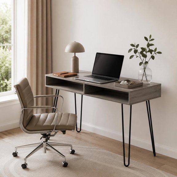 Laptop Desk, Grey with 2 Open Storage Cubbies, Black Metal Base, 40 In. L X 19.75 In. W X 30 In. H
