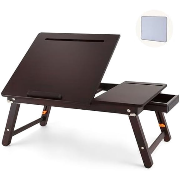 Laptop Desk, Height & Angle Adjustable Lap Desk Bed Tray Table, Foldable Laptop Table with Drawer, Mouse Pad, Tablet & Phone Slots for Working Reading Writing Eating, Black Walnut
