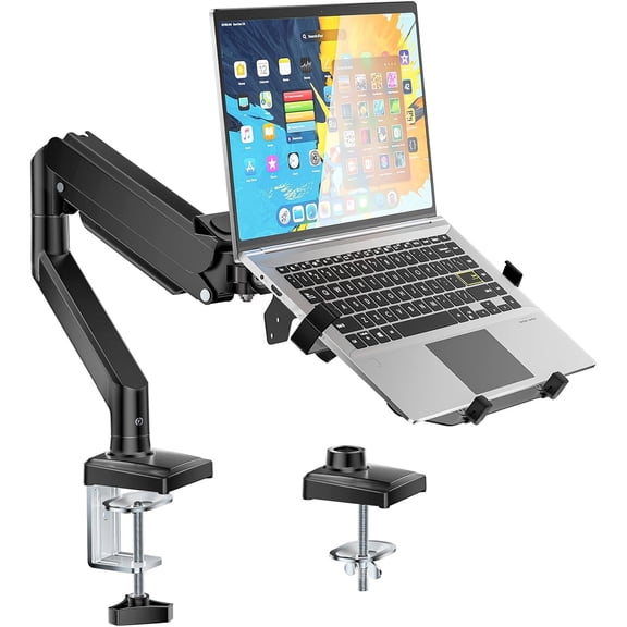 Laptop Desk Mount, 2-in-1 Monitor Mount with Adjustable Laptop Tray, Fits Max 17" Notebook and 34" Computer Screen, Max Holds 22-26.4 lbs, Single Monitor Laptop Stand for Desk , Black