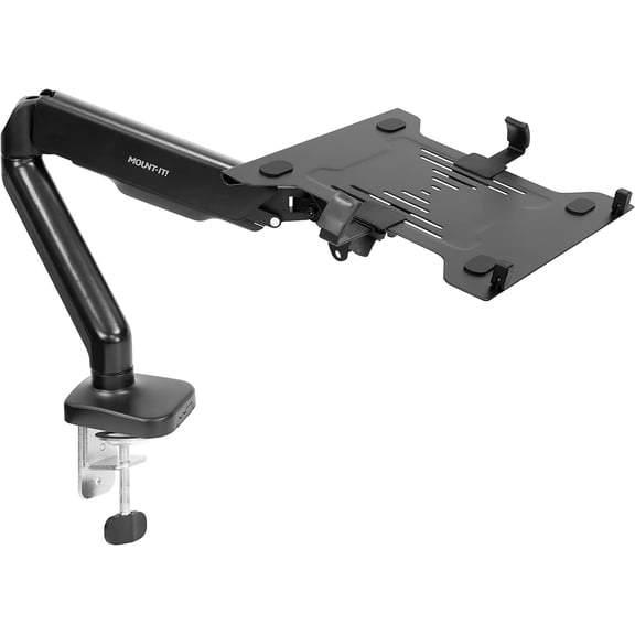 Laptop Desk Mount Arm with Gas Spring, Height Adjustable Laptop Stand for Desk, Fits Laptops up to 17 Inch, Full Motion Laptop Tray Mount with Clamp or Grommet Installation