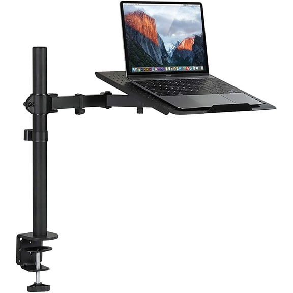 Laptop Desk Mount, Full Motion Arm with Vented Tray, Heavy-Duty Adjustable Notebook Extension up to 17 Inch C-Clamp and Grommet Base