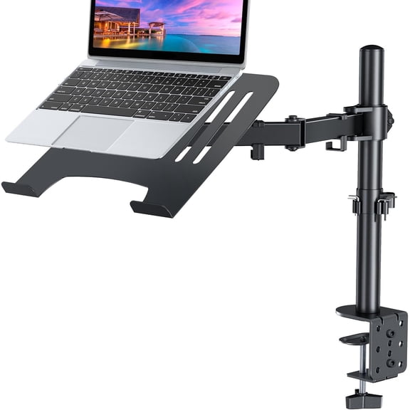 Laptop Desk Mount for 11"-17" Notebook, Fully Adjustable with Tilt, Swivel, Rotation, Extension, Single Laptop Arm with Vented Tray, C-clamp, Black