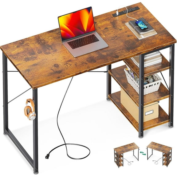 Laptop Desk Small Desk, 40 Inch Computer Desk with Power Outlet and USB & Type-C Charging Port, Writing Desk with 3-Tier Reversible Storage Shelf for Home Office, 40'' x 16'', Rustic Brown