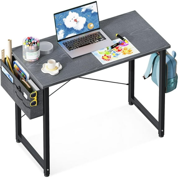 Laptop Desk Study Desk, 32 Inch Small Desk, Writing Desk with Storage, Work Table with Headphone Hook for Small Space Home Office, Espresso Gray