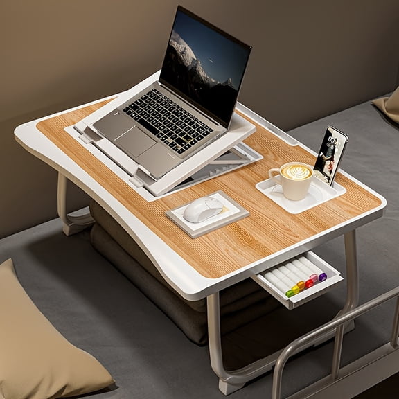 Laptop Desk for Bed & Couch, Portable Breakfast Tray with Cup Holder, Phone Slot & Drawer, Foldable Legs for Work, Study, Reading