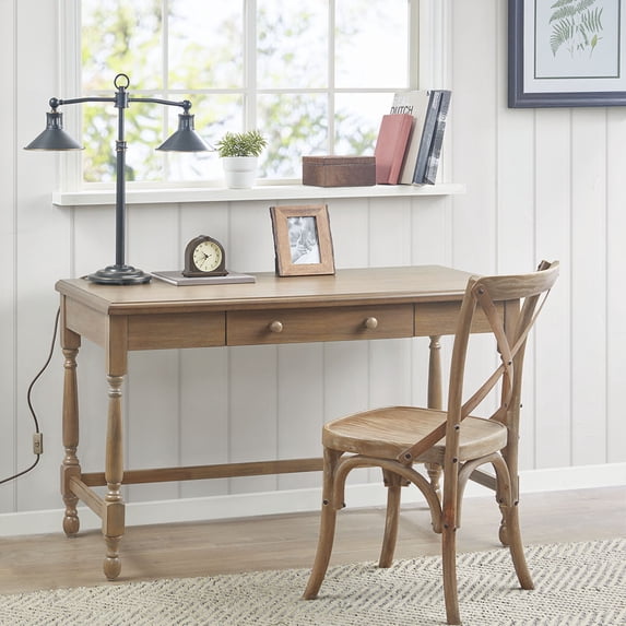 Laptop Desk with Center Glide Drawer, Writing Desk with Solid Wood Turned Legs, MDF with Solid Wood Veneer Top, Natural