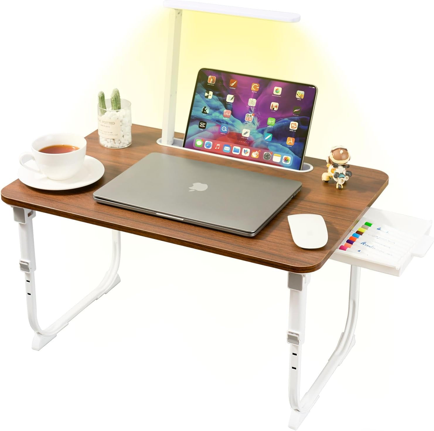 Laptop Deskfor Bed Lap Desk with LED Desk Light, Adjustable Tablet Bed Table with Foldable Legs Storage Drawer, Breakfast Serving Tray Folding Laptop Stand Reading Holder for Sofa Couch Flool(Coffee)