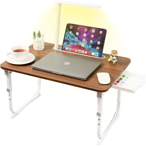 Laptop Deskfor Bed Lap Desk with LED Desk Light, Adjustable Tablet Bed Table with Foldable Legs Storage Drawer, Breakfast Serving Tray Folding Laptop Stand Reading Holder for Sofa Couch Flool(Coffee)