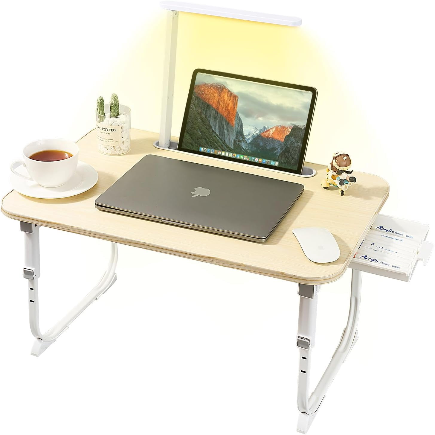 Laptop Deskfor Bed Lap Desk with LED Desk Light, Adjustable Tablet Bed Table with Foldable Legs Storage Drawer, Breakfast Serving Tray Folding Laptop Stand Reading Holder for Sofa Couch Floor (Maple)