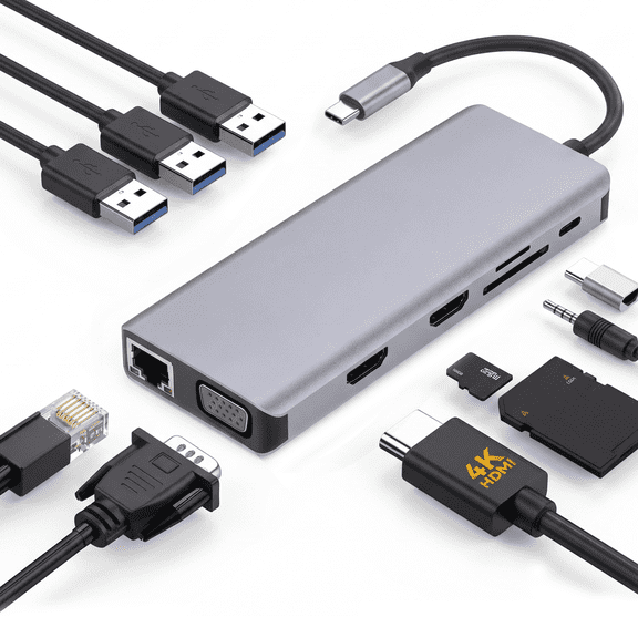 12 in 1 Docking Station Triple Monitor with Dual 4K HDMI & VGA, USB C Hub with 100W PD, 4 USB Ports, RJ45 Ethernet, SD/TF Card Reader, 3.5mm Audio, Compatible with MacBook Pro/Air, Laptops and More