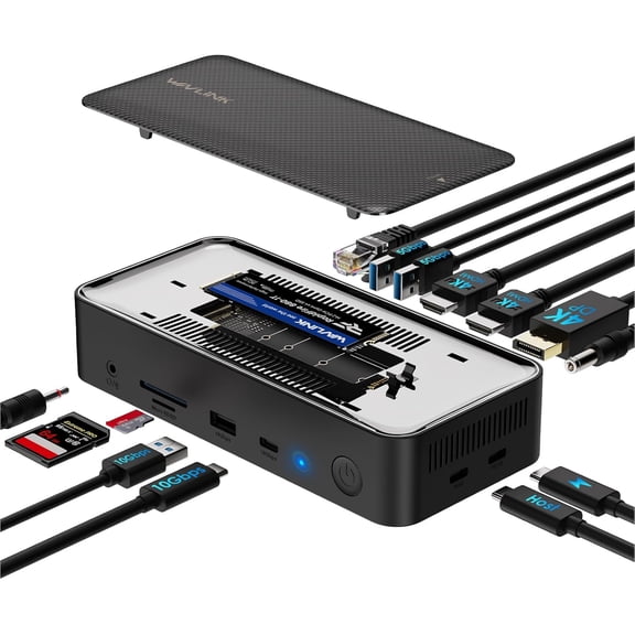 Laptop Docking Station 3 Monitors 12 in 1 USB Hub with 10Gbps M.2 PCIe/SATA SSD Enclosure Expands MacBook/Mac mini (M4/M3/M2/M1) 4K@60Hz HDMI/DP 100W PD USB C/USB A Gigabit RJ45 SD/TF